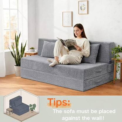 Folding Sofa Bed, 4 in 1 Convertible Sleeper Chair with Pillow, Queen Memory Foam Fold Out Chair Bed, Modern Floor Futon Sofa Couch Mattress for Living Room/Guest/Apartment, Light Gray