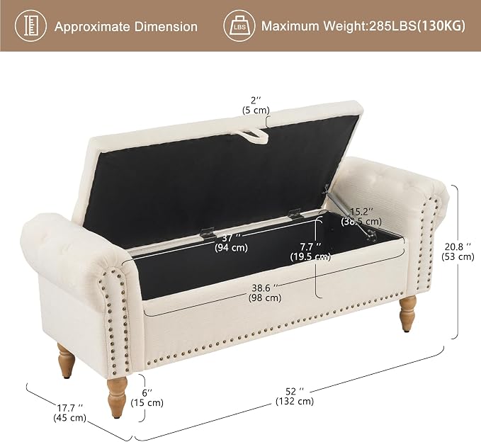 Furniliving 51” End of Bed Storage Bench, Bedroom Bench with Button-Tufted, Upholstered Storage Ottoman Benches Window Bench with Storage, Chenille Bench for Living Room, Entryway, Beige