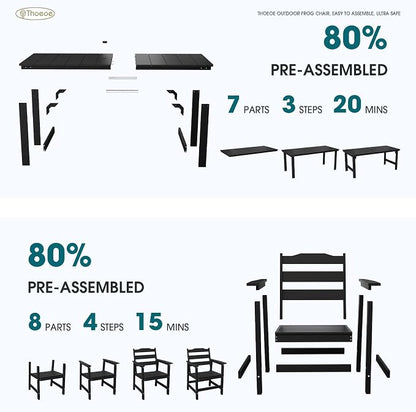 THOEOE 7 Piece Outdoor Dining Set, Patio Dining Table and 6 Chairs, All-Aluminum Frame, All-Weather HDPE Outdoor Furniture with Umbrella Hole for Garden, Lawn, Poolside, Black
