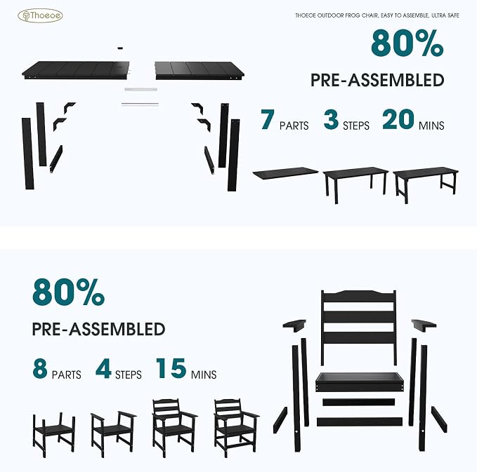 THOEOE 5 Piece Outdoor Dining Set, Patio Dining Table and 4 Chairs, All-Aluminum Frame, All-Weather HDPE Outdoor Furniture with Umbrella Hole for Garden, Lawn, Poolside, Black