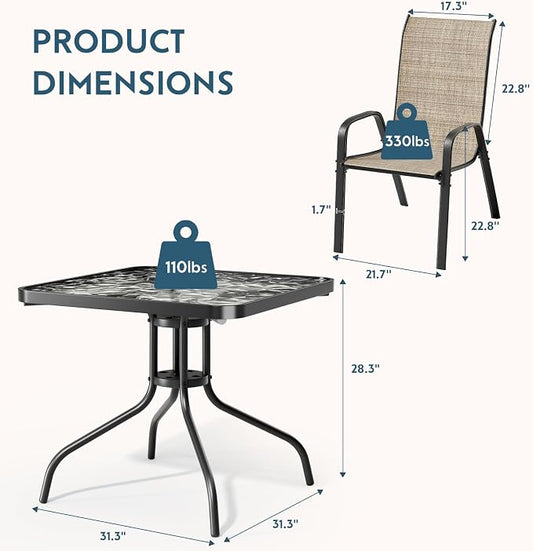Arlopu 5 Piece Outdoor Patio Dining Set (Umbrella not Included), Porch Furniture with 4 Textline Chairs, 1 Square Glass Table for Garden, Backyard and Poolside, Lawn (Browm)