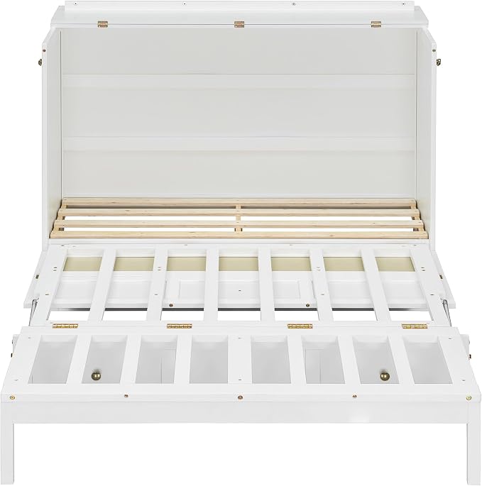 Bellemave Full Murphy Bed with Storage Drawer, Cabinet Bed, Farmhouse Murphy Cabinet with Foldable Panel, Noisy Free, for Guest Bedroom, Living Room, White with Rattan