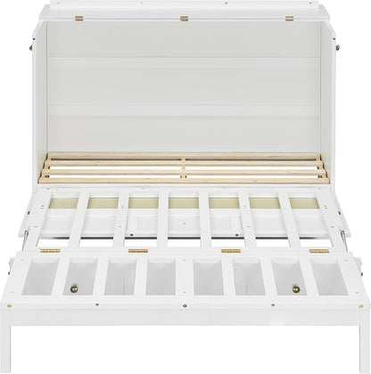 Bellemave Full Murphy Bed with Storage Drawer, Cabinet Bed, Farmhouse Murphy Cabinet with Foldable Panel, Noisy Free, for Guest Bedroom, Living Room, White with Rattan
