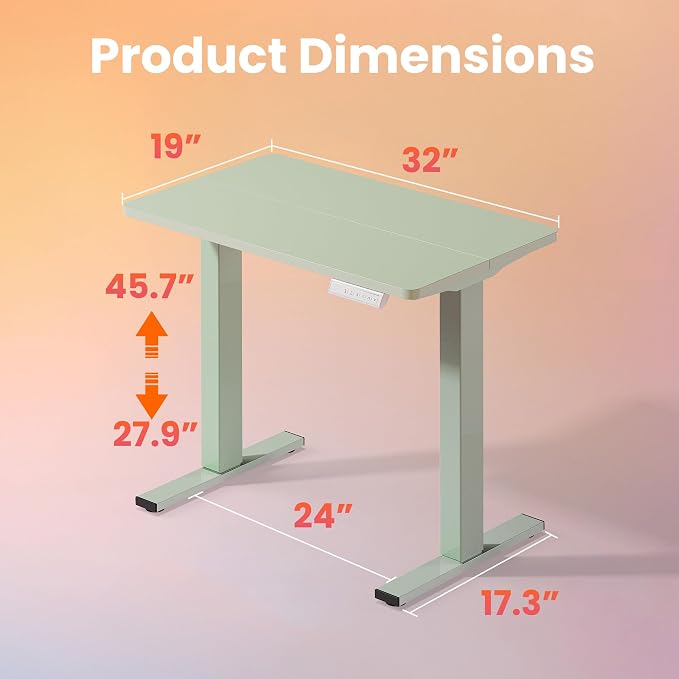 HUANUO 32x19 Inch Small Electric Standing Desk, Adjustable, Sage Green | Compact Home Office Desk, 176lbs heavy duty lifting with 4 height presets. M8 screw holes ready for DIY mobile wheels