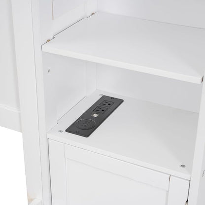 Merax Queen Size Wooden Bed with All-in-One Cabinet and Shelf, White Platform Bed Frame with 2 Drawers, Trundle and Sockets