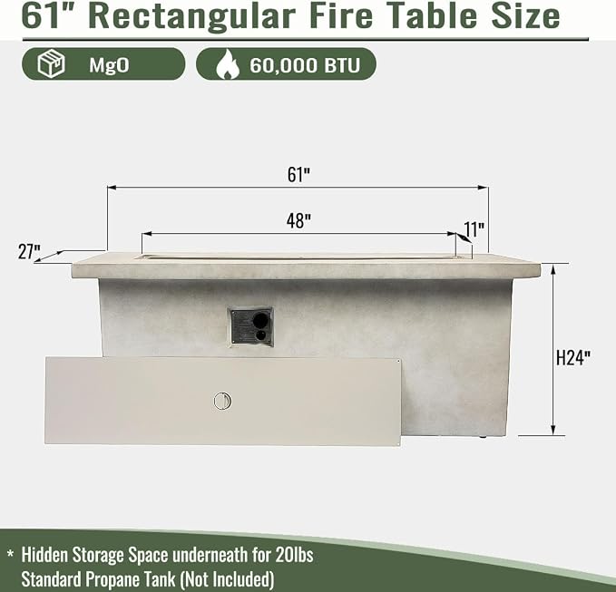 60" Outdoor Propane Fire Pit Table, Rectangular Concrete Gas Fire Pit with 60,000 BTU Heating, Hidden Tank Storage, Electronic Ignition, Lava Rocks & Cover for Patio Backyard Deck Garden, Dark Grey