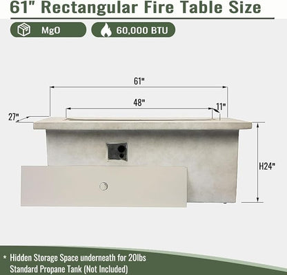 60" Outdoor Propane Fire Pit Table, Rectangular Concrete Gas Fire Pit with 60,000 BTU Heating, Hidden Tank Storage, Electronic Ignition, Lava Rocks & Cover for Patio Backyard Deck Garden, Dark Grey