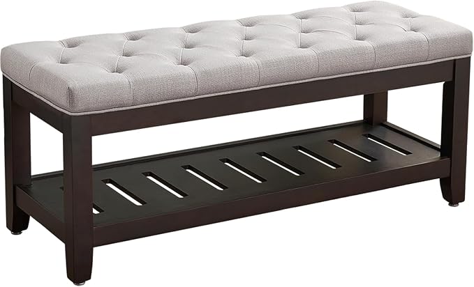 adochr Linen Large Rectangular Ottoman with Storage, Upholstered Entryway Bench for Living Room, Oversized Button Tufted Ottoman with Wood Shelf Storage, Light Grey