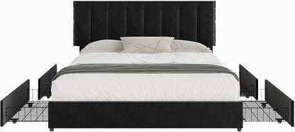VECELO King Size Bed Frame with 4 Storage Drawers, Adjustable Height Headboard, Heavy-Duty Bedframe with Strong Wooden Slats, No Box Spring Needed, Black