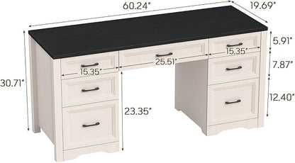 Vabches Farmhouse Executive Desk, Wood Home Office Desk with 2 Large File Drawers and 5 Storage Cabinets, Rustic Writing Desk for Work and Study, Black