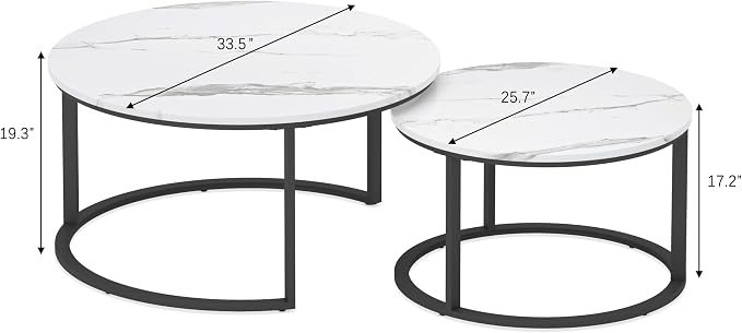 WiberWi Round Coffee Table Nesting Tables Set of 2, Large : Ø 33.5", Small : Ø 25.7", Modern Design Coffee Tables for Living Room, Metal Frame Circle Cocktail Table, High Glossy Faux White Marble