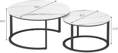 WiberWi Round Coffee Table Nesting Tables Set of 2, Large : Ø 33.5", Small : Ø 25.7", Modern Design Coffee Tables for Living Room, Metal Frame Circle Cocktail Table, High Glossy Faux White Marble