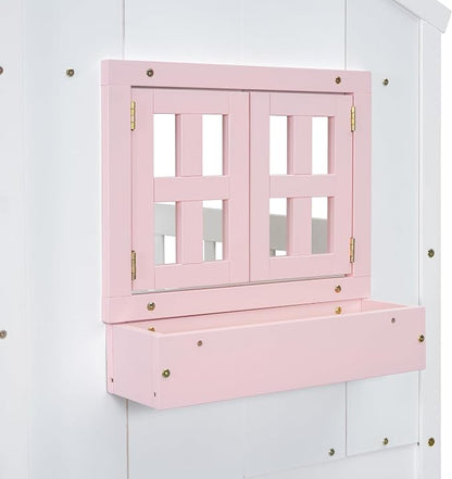 PVWIIK Twin Over Twin House Bunk Beds with Window Door & Roof, Solid Wood Playhouse Bunk Bed w/Window Box & Ladder,No Box Spring Needed & Space Saving for Boys and Girls, Pink/White