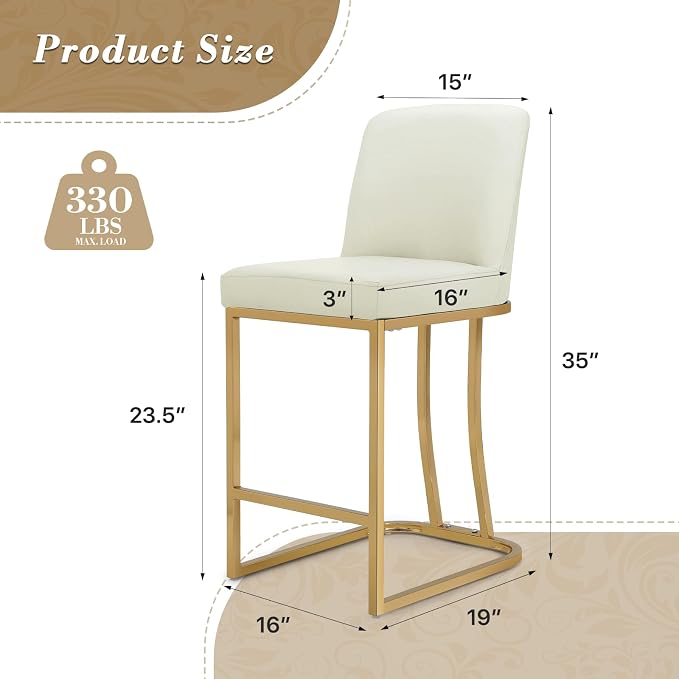 Athena Collection Counter Height Bar Stools Set of 2, 23.5 Inches Leather Upholstered Barstool Set of 2 with Back and Metal Legs, Modern Bar Stool Chairs for Kitchen Island, Dining Room, White