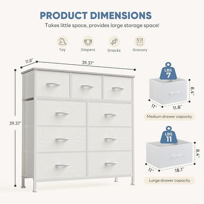 DUMOS 9 Drawer Dresser for Bedroom, Storage Organizer Chest of Drawers | Fabric Bins Storage Tower with Sturdy Metal Frame, Wood Tabletop for Closet, White