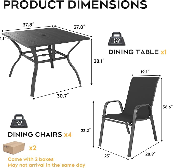 Outdoor Dining Set for 4,5pcs Patio Table and Chairs Set with Adjustable Umbrella Hole,37.8”x37.8” Square Metal Outdoor Table and Stackable Patio Chair for Yard, Garden, Porch