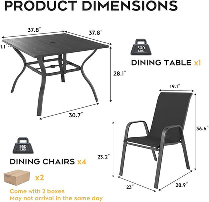 Outdoor Dining Set for 4,5pcs Patio Table and Chairs Set with Adjustable Umbrella Hole,37.8”x37.8” Square Metal Outdoor Table and Stackable Patio Chair for Yard, Garden, Porch