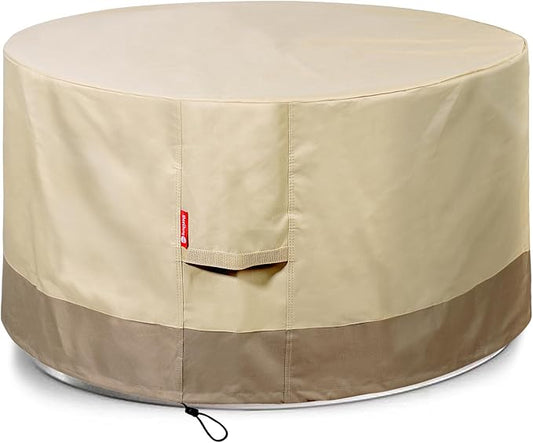 SheeChung Fire Pit Cover Round 50" D x 24" H,Waterproof 600D Material,Beige | PVC inner coating,Heavy Duty Outdoor Propane Fire Pit Cover,Tear & Fade Resistant,Fits Wood Burning Fire Pit Table/Fireplace