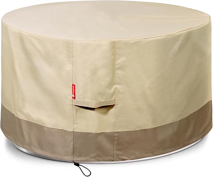 SheeChung Fire Pit Cover Round 44" D x 24" H Waterproof 600D Heavy Duty Patio Gas Fire Pit Cover,Large Shelter Fits 40-44 Inch Outdoor Firepit Table Beige