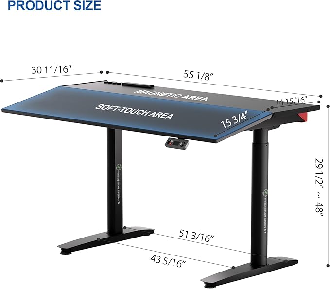 Electric Standing Desk 55” with 15° Tilting Desktop, Sit Stand Ergonomic Desk for Home Office & Gaming, 4 Motor Adjustable Desk, Memory Presets & Cable Management Black