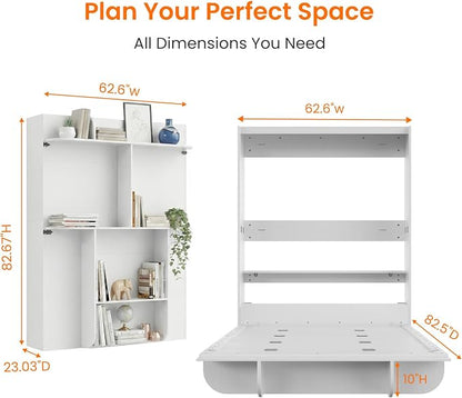 CECER Vertical Murphy Bed Queen，Save Space for Offices/Guest-White | Multi-Functional Queen Murphy Cabinet Beds with Storage Shelf/Bookshelf，Sturdy frame ＆ Easy Assemble