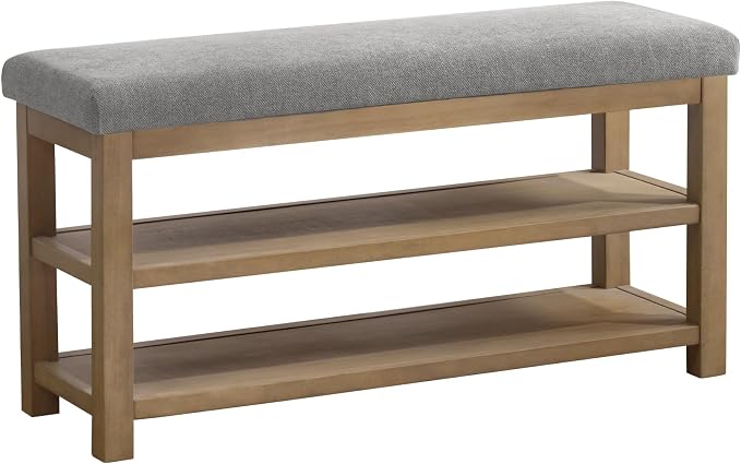 Zihanhome 2 Tier Shoe Rack Bench with Cushion, Solid Wood Shoe Benches, Mid-Century Modern Shoe Storage Bench for Entryway, Hallway, Living Room, Closet, Front Door Entrance, (Grey, 39.4")
