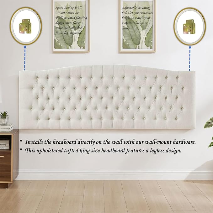 24KF Upholstered Tufted Button Linen Wall Mounted Headboard,Comfortable Fashional Headboard King/CA King Size, 6055-K-Ivory