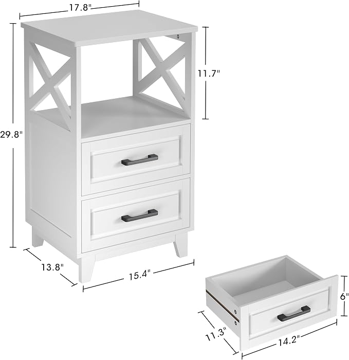 May in Color Nightstand, 30" Tall Bedside Table, Farmhouse Side Table with Storage Drawers and Open Shelf, Wooden Rustic End Table Cabinet for Bedroom, Home Office, White