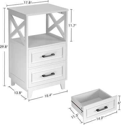 May in Color Nightstand, 30" Tall Bedside Table, Farmhouse Side Table with Storage Drawers and Open Shelf, Wooden Rustic End Table Cabinet for Bedroom, Home Office, White