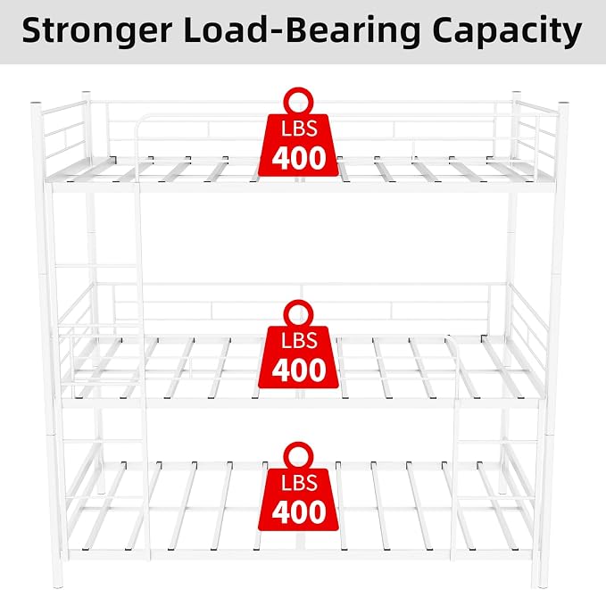 Triple Bunk Bed, Heavy Duty Twin Over Twin Over Twin Metal Bunkbeds with Guardrails, Ladder, 3 Bunk Beds, Bedroom, No Box Spring Needed, Easy Assembly,White