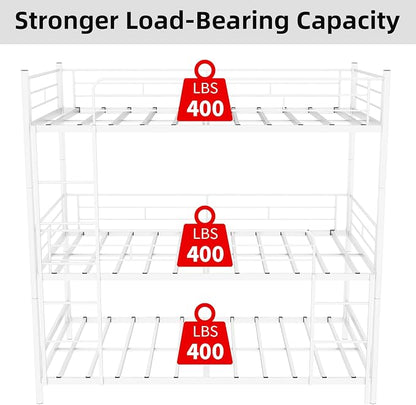 Triple Bunk Bed, Heavy Duty Twin Over Twin Over Twin Metal Bunkbeds with Guardrails, Ladder, 3 Bunk Beds, Bedroom, No Box Spring Needed, Easy Assembly,White