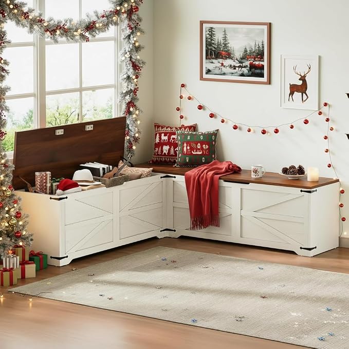 DWVO L-Shaped Storage Bench, 18" High Corner Dining Bench with Safety Hinges, Wooden Nook Chest for Living Room, Bedroom | Corner L-shaped design, slow-close safety hinges, hidden storage, fits living room bedroom dining nook, easy to assemble