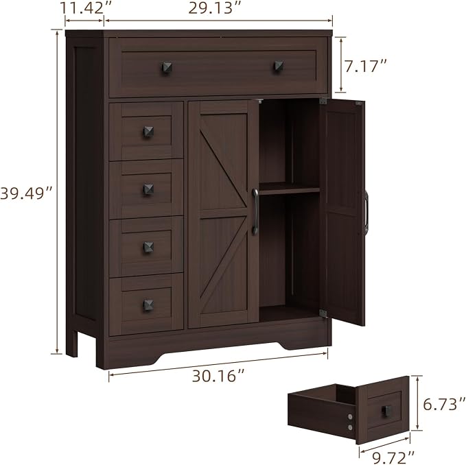 Vabches Farmhouse Storage Cabinet with 2 Doors and 5 Drawers, Freestanding Bathroom Cabinets Kitchen Pantry, Floor Storage Cabinet Hutch Cupboard for Living Room/Bathroom/Kitchen.（Espresso