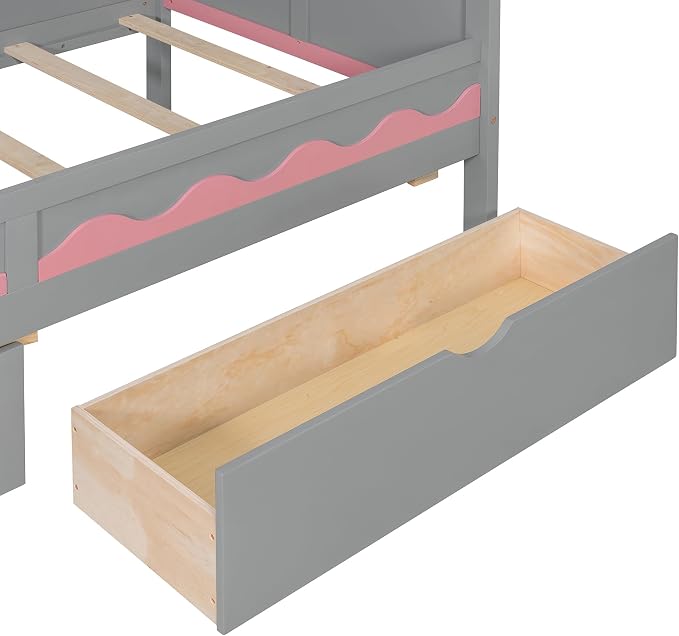 Virubi Twin House Bunk Bed with Stairs and Drawers,Wood Castle Bed with Storage Drawers Shelves& LED Lights (Twin Over Twin,Grey)