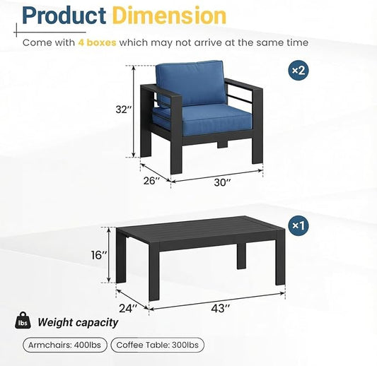 Solaste Aluminum Patio Furniture Set for All Weather, Oversized Metal Outdoor Furniture Set with 27.5" Deep Seating and 3.2" Wide Armrest, Outdoor Patio Sofa with 10" Back Suport Cushion