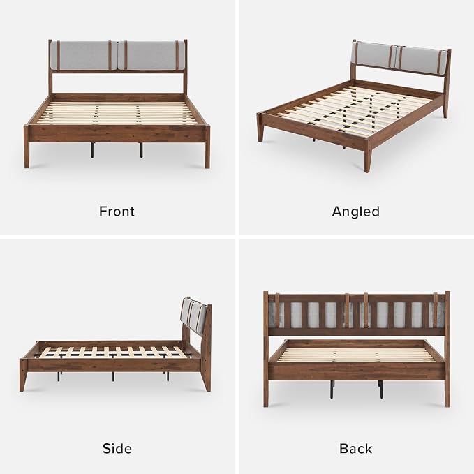 mopio Ted Bed Frame with Headboard, Mid Century Modern Acacia Solid Wood Platform Bed Frame, Wooden Slats, No Box Spring, Double Metal Bar Support (Solid Wood Upholstered, Queen (U.S. Standard))