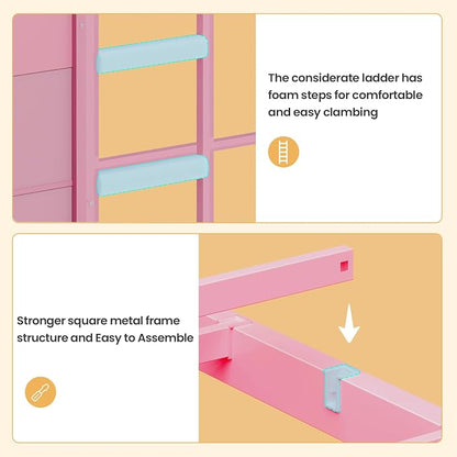 BTHFST Bunk Bed Twin Over Twin with 6 Large Fabric Drawers & 4 Storage Bookshelf, Metal Low Bunk Bed for Kids with LED Lights & Ladder and Guardrail, Space Saving, for Girls, Pink