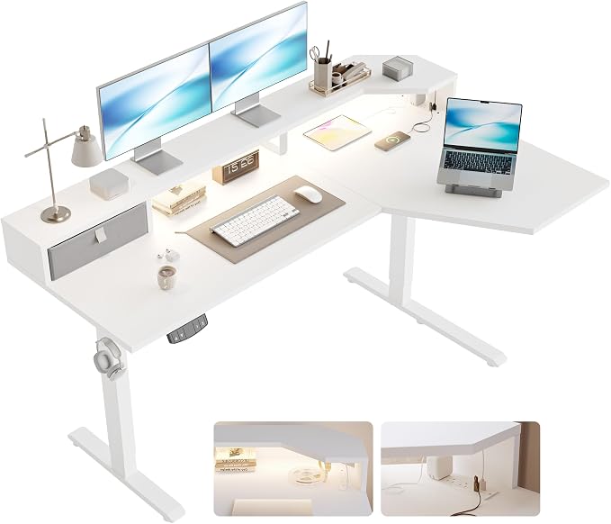Agilestic 63 Inch L Shaped Electric Standing Desk with Shelf, Height Adjustable Large Desk with Power Outlet & LED, Corner Sit Stand Up Table with Monitor Stand, Computer Workstation, White