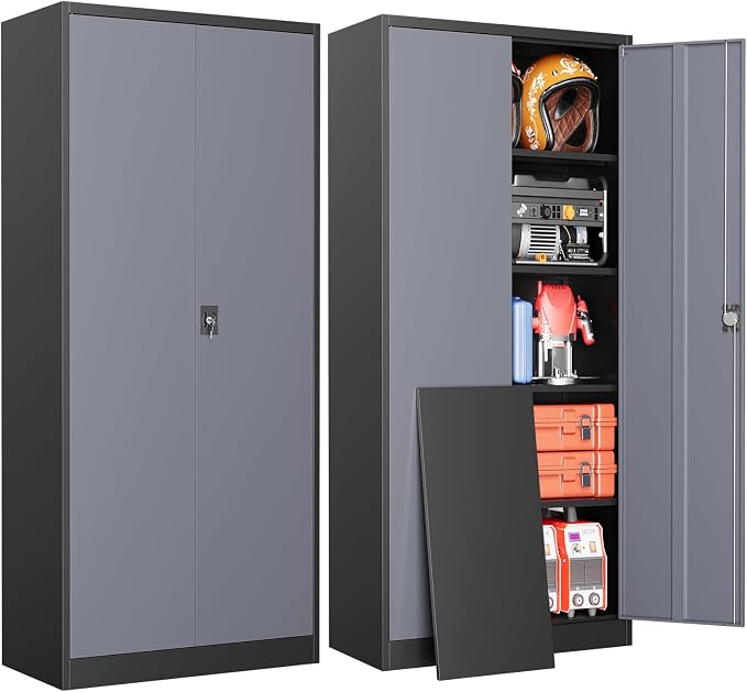 Metal Garage Storage Cabinets with Lock, 72" Tall Tool Cabinet with 2 Door and 4 Adjustable Shelves, Locking Garage Cabinets and Lockable Steel Locker for Home Office Warehouse-(Black Gray-72”H)
