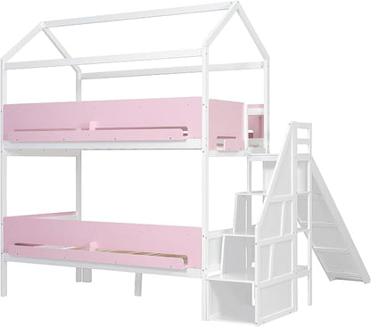Harper & Bright Designs House Bunk Bed with Slide and Bookshelf, Twin Over Full Bunk Bed with Trundle and Stairs for Kids Teens Juniors, Space Saving, No Box Spring Needed, White+Pink