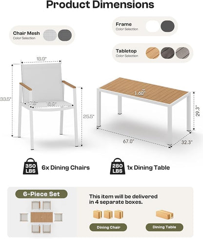 Outdoor Dining Table, Aluminum Patio Table Set, All Weather Patio Dining Furniture Set with Umbrella Hole for Backyard, Deck, Poolside (White-Teak)