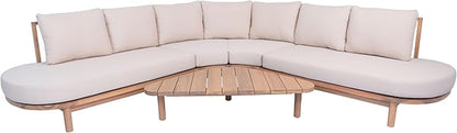Merax 5 Piece Patio Outdoor Furniture Set, All Weather 118" Half Moon Sectional Sofa with Acacia Wood Frame & Waterproof Cushions,1 Coffee Table for Garden,Lawn,Backyard,Poolside,Beige+Light Teak