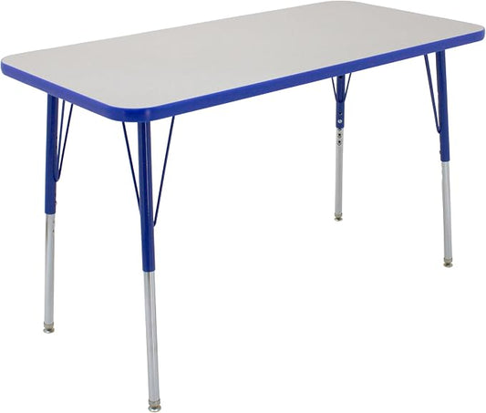 FDP Rectangle Activity School and Office Table (24 x 48 inch), Standard Legs with Swivel Glides, Adjustable Height 19-30 inches; Quick Ship Single Box - Gray Top and Blue Edge