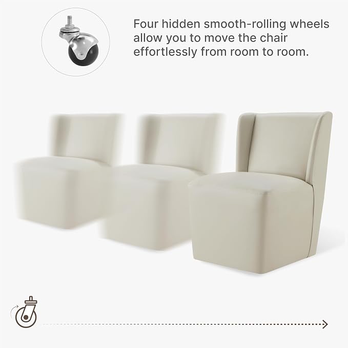 KISLOT Upholstered Dining Chairs Set of 2 with Casters, Wingback Modern Side Armless Deskchair with Rollers for Diningroom Bedroom Livingroom Reading Room, Cream Faux Leather
