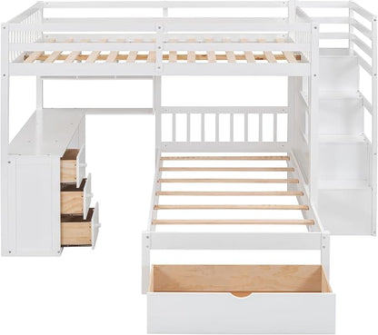 Merax Full Over Twin Bunk Bed with Desk, Drawers and Shelves, White