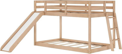 Grain & Grove Bear Twin Over Twin Bunk Bed with Slide, Low Bunk Bed Frame for Kids, Bunk with Ladder, Guardrail, and Slats, No Box Spring Required, Oak Embossed Natural