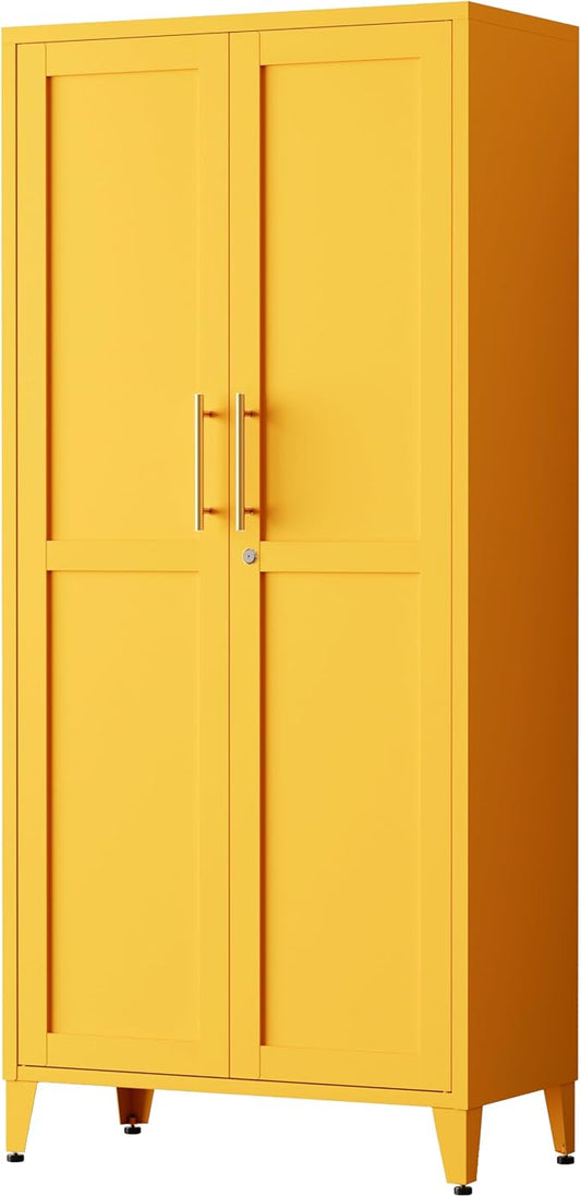61" Yellow Metal Storage Cabinet and Lock, 2-Door Metal Locker Cabinet with Adjustable Shelves, 4-Tier Steel Storage Locker for Bedroom Living Room Kitchen Home Office Size：61"H X 27.6"W X 13.8"D