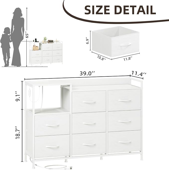 Somdot White Dresser for Bedroom with 8 Drawers,Wide Fabric Night Stand for Storage and Organization with Fabric Bins,Chest of Drawers for Bedroom Chest of Drawers for Living Room Entryway