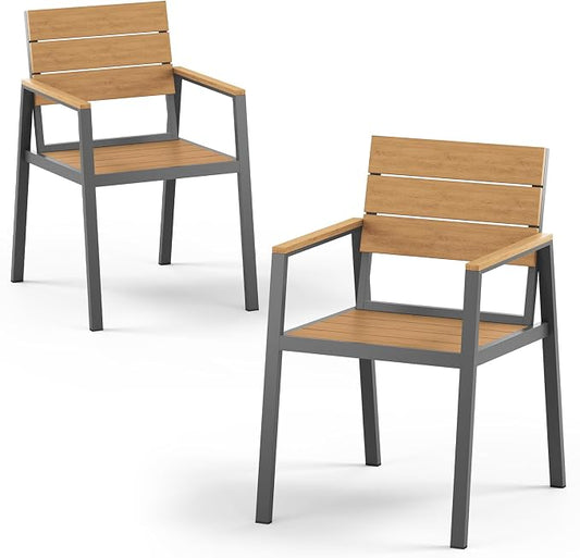 Outdoor Dining Chiars Set of 2, Aluminum Patio HDPS Outdooor Dining Chiars, All Weather Patio Furniture Set (Gray & Teak)
