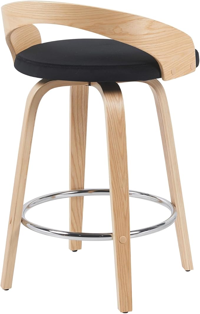 Armen Living Sonia Modern Swivel Counter Height Bar Stool with Black Upholstered Seat and Patterned Oak Wood Finish